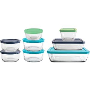 Anchor Hocking 16 Piece Glass Storage Containers with Lids (8 Glass Food Storage Containers & 8 Mixed Blue SnugFit Lids)