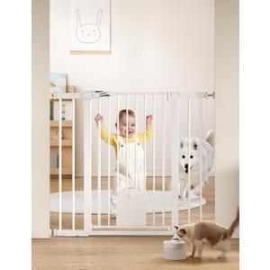 Babelio 36" Tall Auto Close Baby Gate with Small Cat Door, 29-43" Metal Cat Gate for Doorway, Stairs, House. Easy Walk Thru Dog Gate with pet Door, Includes 4 Wall Cups and 3 Extension Pieces, White