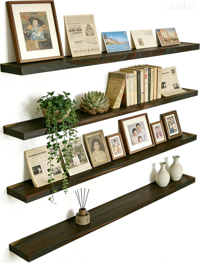 48 Inch Rustic Wood Floating Shelves Farmhouse Wooden Wall Shelves for Bathroom Bedroom Living Room Kitchen Office Set of 4 Brown