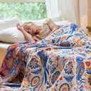 Boho Throw Blanket - 100% Cotton Ultra Soft Muslin Spring Blanket, 50"x60" Lightweight Floral Bird Framhouse Bedding Blanket for Bed, All Season Blue Bohemian Bedroom Home Decor Quilt