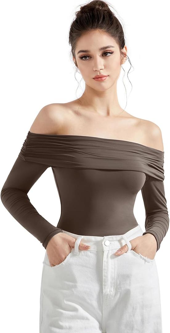 SUUKSESS Women Off Shoulder Bodysuit Double Lined Going Out Basic Tops Long Sleeve Thong Body suit Shirts (Brown, XS)