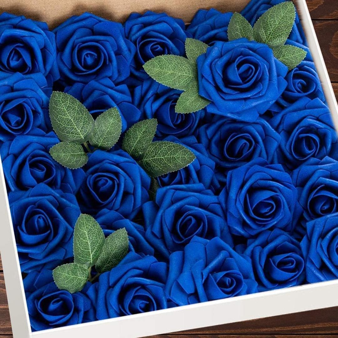 Higfra Artificial Flowers 50 Stems Realistic Roses - Lifelike Fake Flowers for Wedding Bouquets, Baby Shower Decor, Home Centerpieces, DIY Floral Arrangements (Royal Blue, 50pcs)