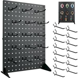 Metal Pegboard Display Stand With 15 Peg Board Hooks Accessories, Desk Pegboard Panels, Merchandise Display Rack for Selling Accessories Vendors & Events Retail Craft Shows & Fairs (17x3Inch), Black