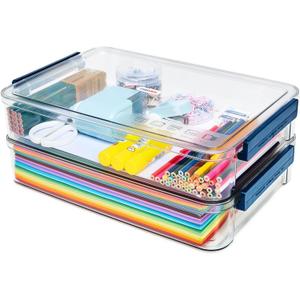 2 Pcs 5.5qt 9 x 13 Plastic Portable Project Case With Snap-Tight Latch Clear Stackable Storage Box With Lids Organizer Container For A4 File Photo Documents Scrapbook Craft Art Supplies (Large-Blue)