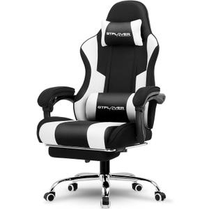 GTPLAYER Gaming Chair, Computer Chair with Footrest and Lumbar Support, Height Adjustable Game Chair with 360-Swivel Seat and Headrest and for Office or Gaming (Fabric, Black White)