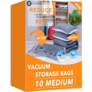 10 Medium Vacuum Storage Bags, Space Saver Sealer Compression Bags for Blankets, Comforters, Pillows, Clothes Storage