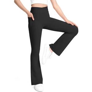 KEREDA Girls Flare Leggings High Waist V Cross Bootcut Yoga Pants Bell Bottoms for Girls with Pockets Black 11-12 Years