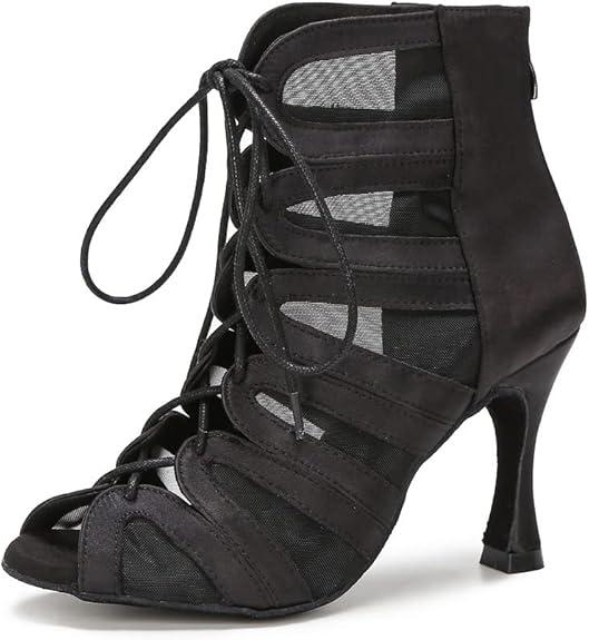 YYTing Women Ballroom Dance Boots Latin Salsa Dress Shoes Performance Practice Footwear 3.5 inch Heels.Size 11 Black