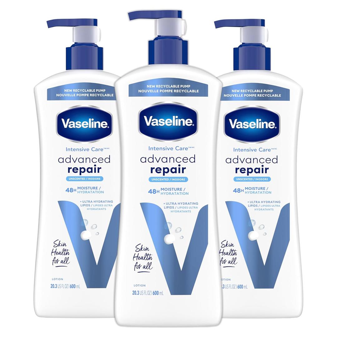 Vaseline Intensive Care Unscented Advanced Repair Body Lotion - Ultra-Hydrating with Lipids for Extremely Dry Skin, 20.3 oz, Pack of 3