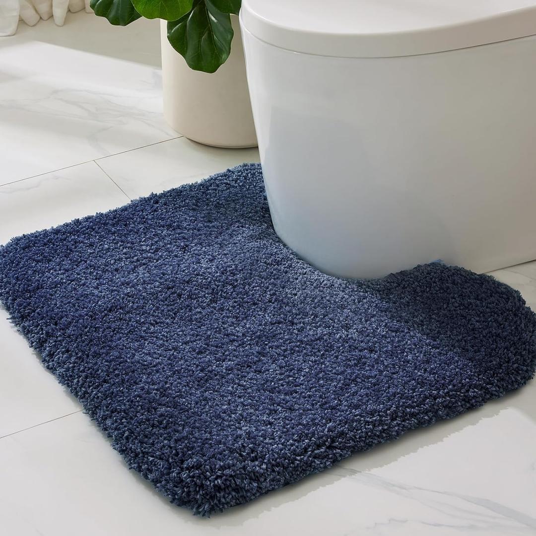 ILANGO Navy Blue Toilet Rugs U Shaped 22"  24" Non Slip & Super Absorbent Extra Thick Soft, Washable Bath Mats for Bathroom Floor, Microfiber Plush Shaggy Contour Bath Rugs for Toilet,Dry Quick