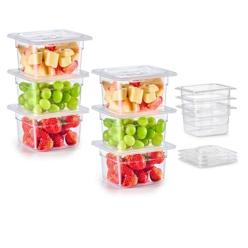 Wilprep 6 Pack Plastic Food Pans with Lids NSF Listed, 1/6 Size 4 in Deep Clear Food Storage Containers, 0.75 qt Stackable Polycarbonate Commercial Hotel for Fruits Vegetables Beans Corns