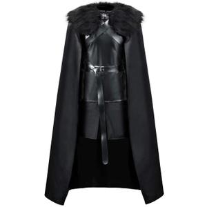 AMNPOLEN Jon Snow Knights Watch Costume Cloak Adult Men Thrones Halloween Cosplay Medieval Black PU Full Party Cape Outfit (XX-Large)