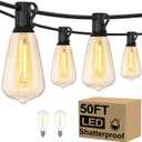 Brightever LED Outdoor String Lights 50FT Patio Lights with 27 Shatterproof ST38 Vintage Edison Bulbs, Outside Hanging Light Waterproof for Porch, Deck, Garden, Backyard, Balcony, 2200K Dimmable