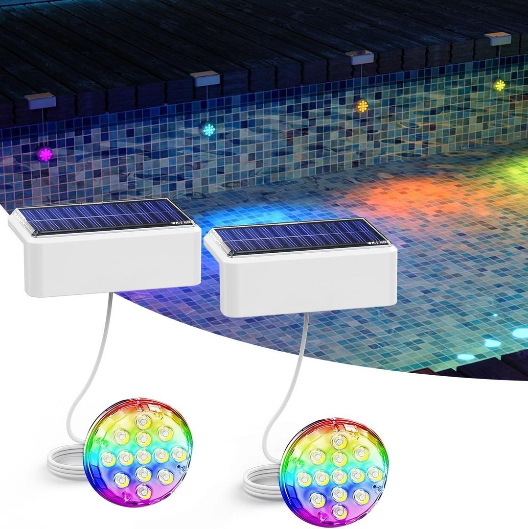 Solar Pool Lights, Solar Powered Submersible LED Lights with Remote IP68 Waterproof Swimming Pool Lighting, 16 Colors Underwater Pool Light for Above Ground Inground Pool, Pond (White,2 Pack)