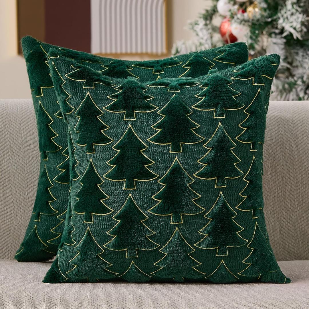 Christmas Pillow Covers 18x18 Set of 2 Green Christmas Tree Decorations Pillow Covers Soft Plush Faux Fur Pillow Cases Decor for Xmas Winter Holiday Home Bedroom Sofa Cushion Cases PT-017A18