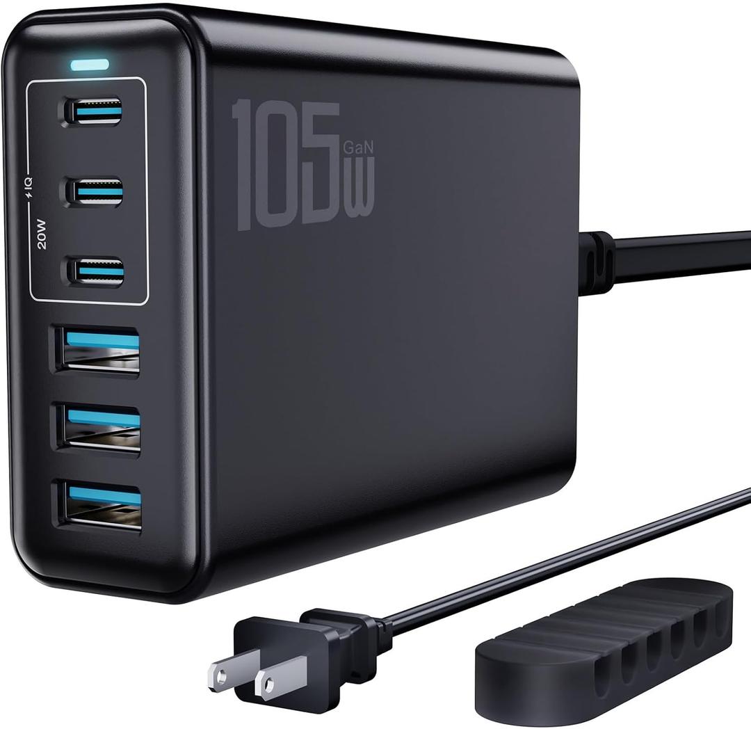 105W USB C Fast Charger, 6-Port Desktop GaN USB Charging Station Hub, USB C Charger Block Wall Charger for iPhone 17/16/15/14/13/12/11, iPad, Samsung and More (Cable Organizer Included)