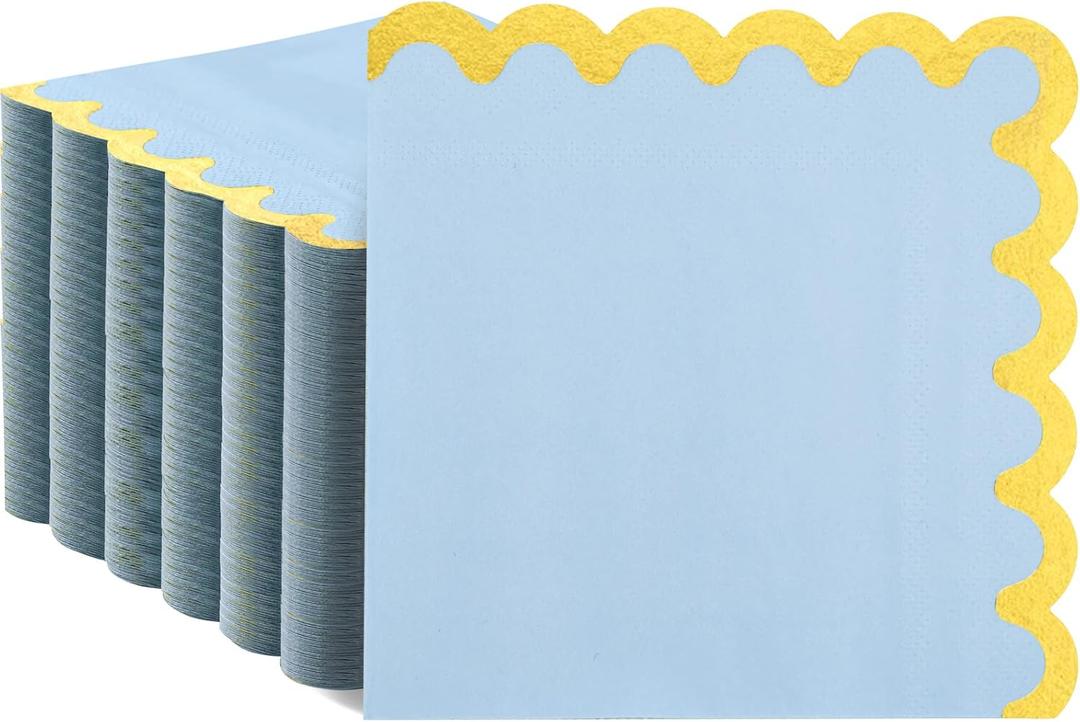 LIYH 200Pcs Blue Napkins Party Napkins 5In 2-Ply Paper Disposable Floral Cocktail Beverage Napkin Gold Scalloped Edges Baby Blue Napkin for Bridal Shower Birthday Party