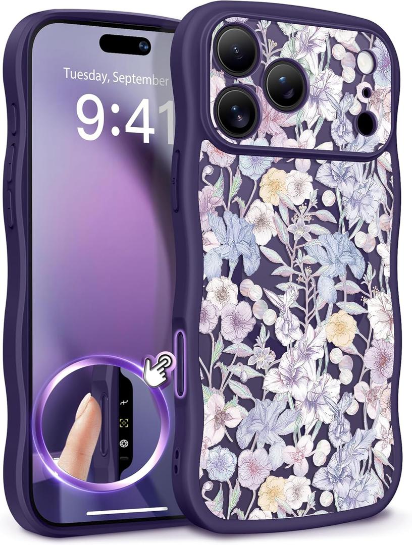 GVIEWIN for iPhone 17 Pro Max Case Compatible with MagSafe [Curly Wave Edge][Full Camera Protection] Floral Translucent Shockproof Magnetic Women Phone Case for 17 Pro Max, Apricot Blossom/Deep Purple