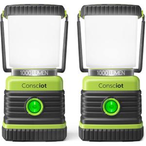 Consciot LED Battery Powered Camping Lantern, 1000LM, 4 Light Modes, IPX4 Waterproof Portable Tent Flashlight for Power Outages, Emergency, Hurricane, Hiking, Light Green, 2-Pack