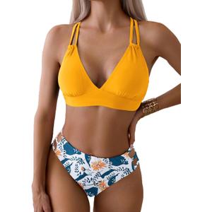 Fanuerg Women's Sexy V Neck Bikini Sets Hollow Out Two Piece Swimsuits Cutout Mid Waist Bathing Suit
Medium
