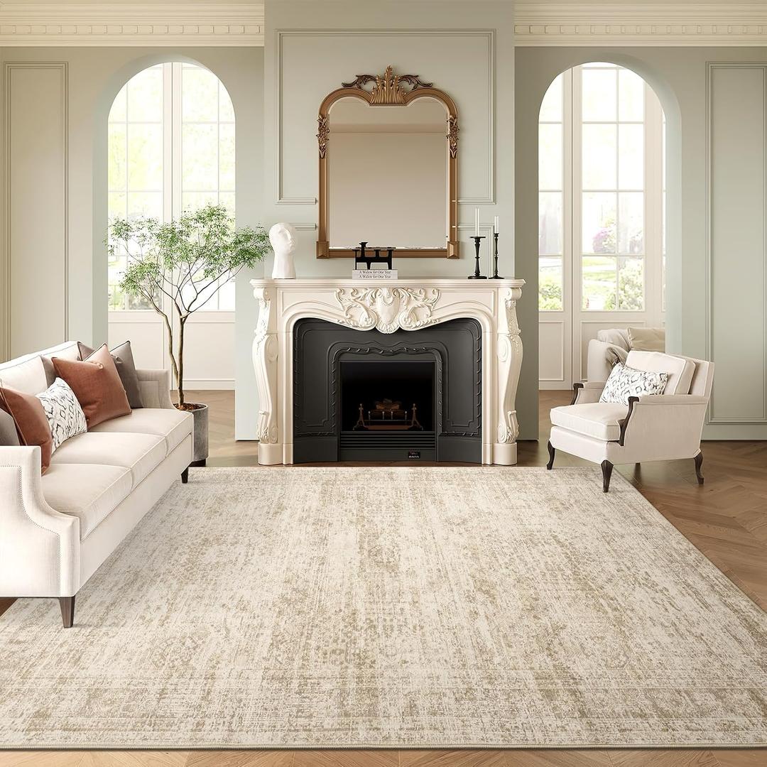 Washable Area Rug 8x10, Large Soft Rugs for Living Room Vintage Beige Rug 8x10 Area Rugs for Bedroom Dining Room Non-Slip Stain Resistant Under Table Rug (8' x 10' (Rectangular), Beige)