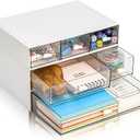 Lyellfe 2 Tier Small Desk Organizer with Drawer, Stackable Desktop Storage Box, Portable Size Office Supplies Jewelry Storage Case, Makeup and Stationary Organizer for Cosmetic, School Supply