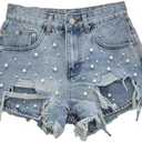Jegsnoe Women Beads Ripped A-Line Denim Shorts Summer High Waist Slim Frayed Wide-Leg Shorts L