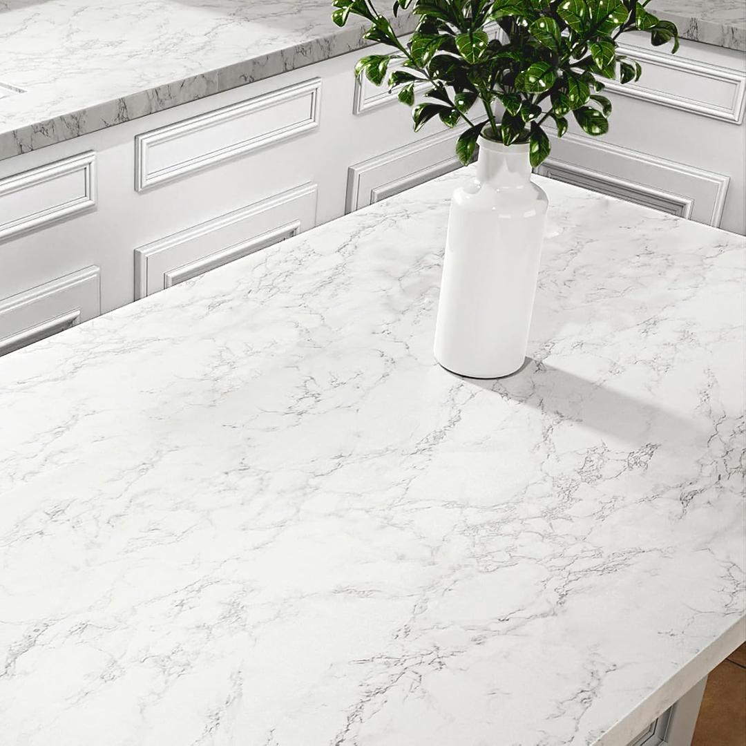 Stickyart 24"x160" Thick White Marble Contact Paper for Bathroom Countertops Waterproof Granite Look Marble Effect Interior Film Vinyl Self Adhesive Removable Marble Contact Paper for Countertops