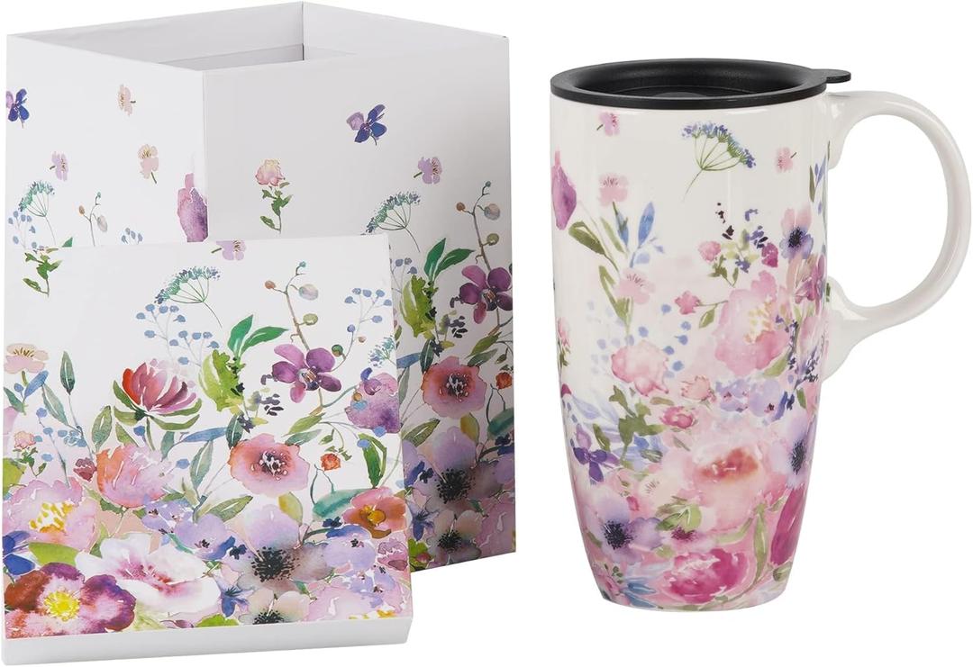 Topadorn Ceramic Coffee Mug for Home & Office, 17oz. Porcelain Latte Travel Cup with Lid and Color Box, Pink Flower Art Tea Mug with Handle, 6.5" H