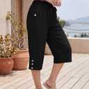 Larmliss Womens Casual Capri Pants Elastic Waist Solid Color 3/4 Wide Leg Summer Trousers with Pockets (Black, XL)