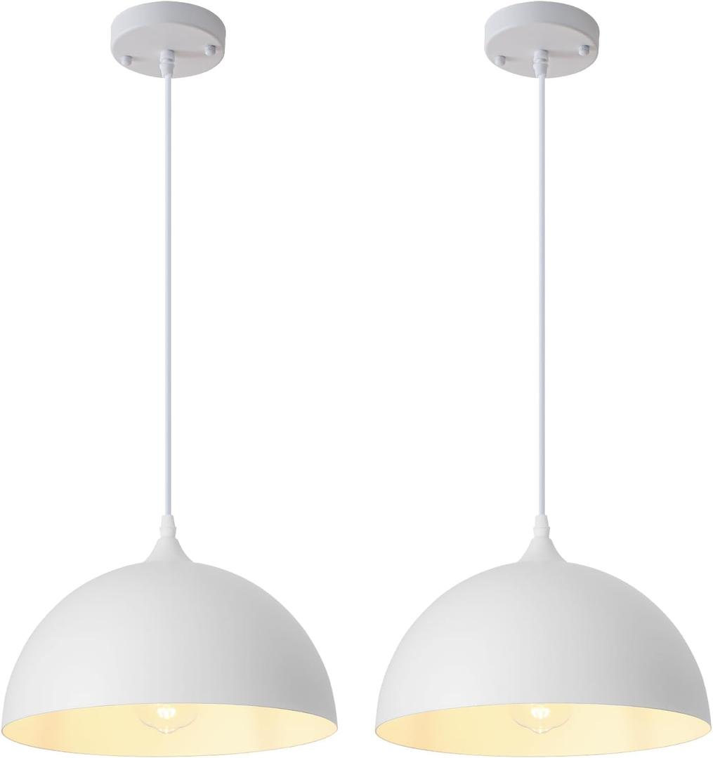 White Farmhouse Pendant Light 11.8inches 2 Packs, Kitchen Pendant Lights, Industrial Pendant Light, Pendant Lights Kitchen Island for Living Room, Bedroom, Dinning Room, Office