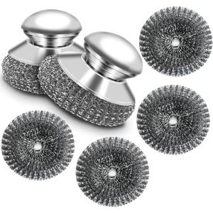 Stainless Steel Scrubber with Handle, Heavy Duty Steel Wool Scrubbers for Pots and Pans, Cast Iron, Steel Wool Scouring Pads for Stove, Oven, Grill, Kitchen, Sink Cleaning