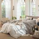 MooMee Bedding Sheet Set 100% Washed Cotton Linen Like Textured Breathable Durable Soft Comfy (Heathered Cream Grey, Queen)