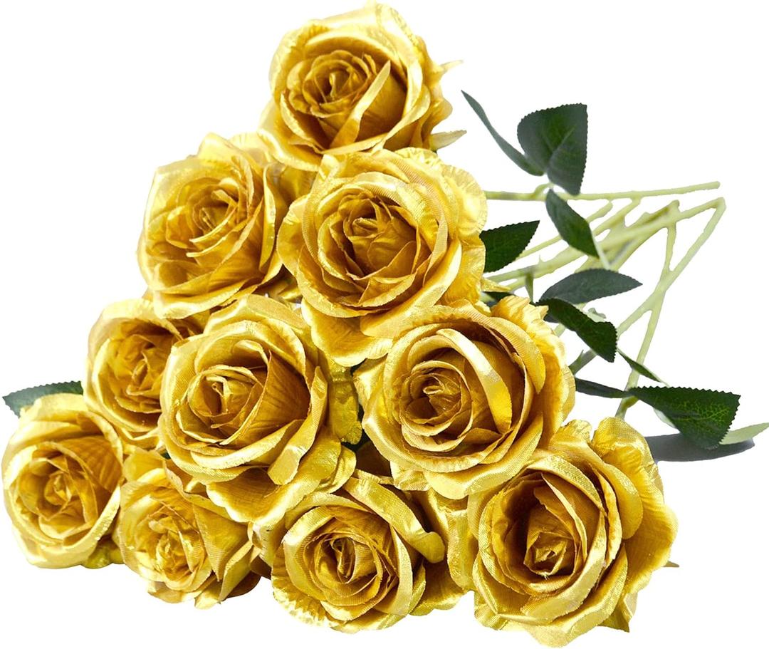 Eternal Blossom 10 pcs Gold Rose Artificial Flower, Artificial Rose Silk Flower 50cm Fake Rose Blossom Bridal Bouquet for Home Wedding Decor (Gold)