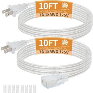 2 Pack Clear Extension Cord with UL-Certified, 10 Feet Male to Female Extension Cords, 2 Prong Thin Extension Cord, Power Cable for Light Fixtures, 2 x 18AWG 7A/125V