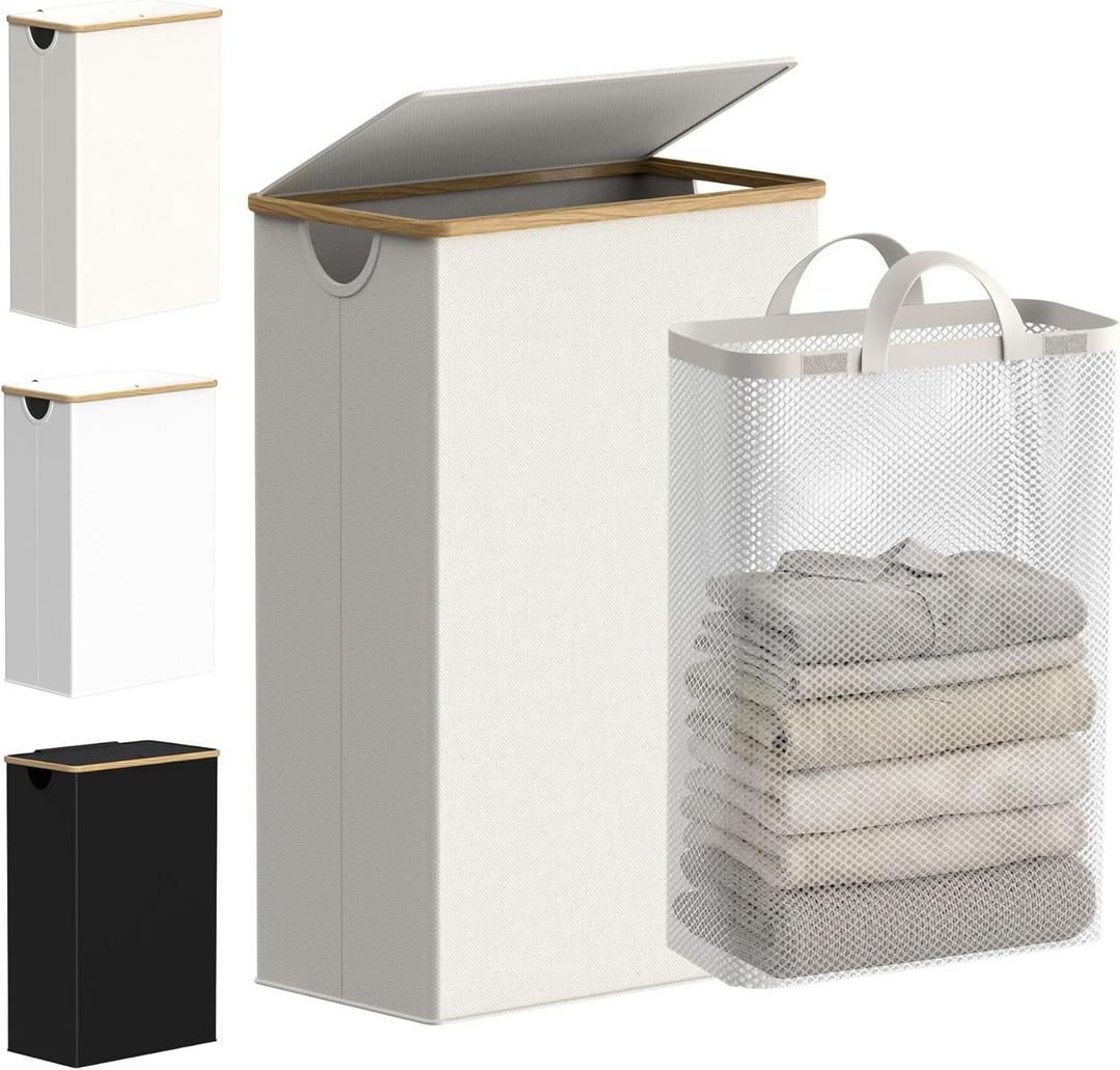 efluky Slim Laundry Basket with Lid, Narrow Laundry Hamper with Removable Bag, Skinny Dirty Clothes Basket with Bamboo Handles for Bathroom, Bedroom & Laundry Room, 75L Beige