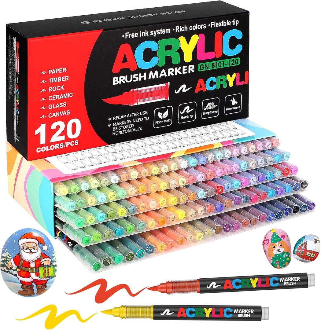 Amamao 120 Colors Acrylic Paint Markers, Soft Brush Tip Pens and Markers, Acrylic Paint Pens for Wood, Stone, Canvas, Glass, Fabric, Egg, Rock Painting and DIY Crafts Art Supplies