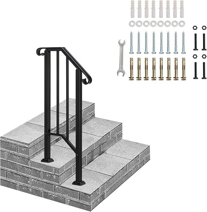 Outvita Handrails for Outdoor Steps, Black Wrought Iron Handrail Fits 1 Step, Transitional Handrail with Installation Kit, Stair Railing for Concrete Steps or Wooden Stairs