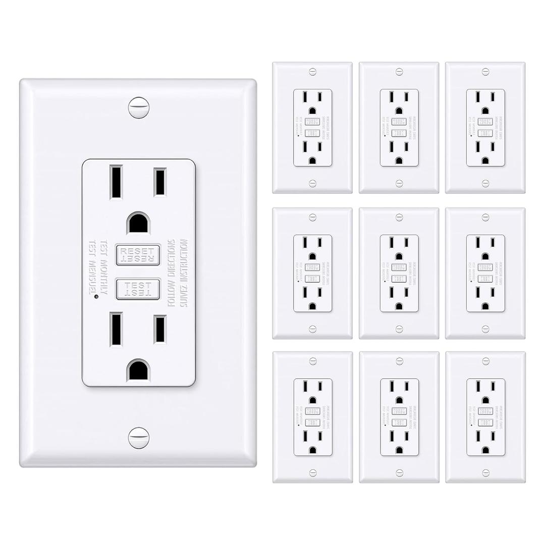 BESTTEN GFCI Outlet 15 Amp with Super Slim Design, GFI Electrical Outlet with LED Indicator, Non-Tamper-Resistant GFCI Receptacle, Wallplate Included, ETL Certified, 10 Pack, White