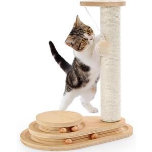 Made4Pets Cat Scratching Post Cat Scratcher Kitten Toys for Indoor Cats Wooden Ball Track Two-Layer Modern Sisal 17.7" Tall Scratch Post Interactive Toy with Dangling Ball