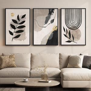3 Piece Framed Black and White Abstract Wall Art for Living Room, Large Boho Botanical Plant Canvas Prints Paintings, Minimalist Leaf and Geometric Artwork for Dining Room Bedroom 24x36 Inch