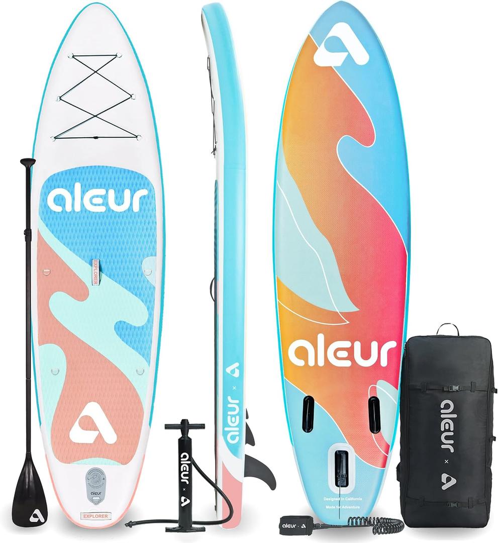 aleur Explorer Inflatable Stand Up Paddle Board Package W Premium SUP Accessories & Backpack, Non-Slip Deck, Leash, Paddle and Hand Pump | Elegant, Fun, Portable,Versatile