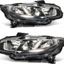 Munirater Driver & Passenger Side Chrome Projector Headlight Assembly Replacement for Civic 2016 2017 2018 Halogen Headlight