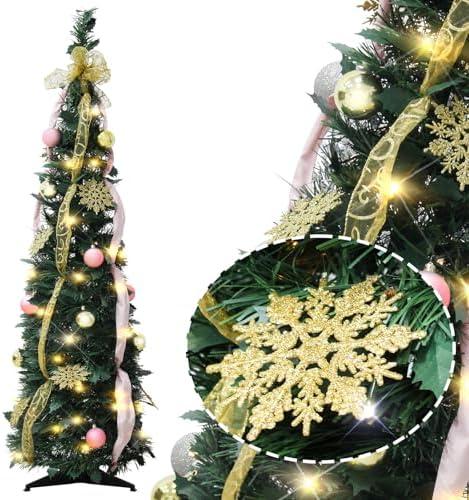 4FT Pop up Christmas Tree for Indoor Decoration Pre-lit Mini Christmas Tree with 60 Lights, Green Artificial Pencil Tree Collapsible Tinsel Pop up Tree with Snowy Pink Gold Ribbon Christmas Ball