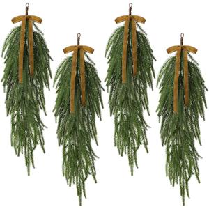 Shihanee 4 Pack Christmas Teardrop Swags with Rustic Velvet Ribbon Bow Artificial Realistic Norfolk Pine Greenery Swag for Festive Holiday Door Wall Home Porch and Mantel Decor(Khaki,24 Inch)