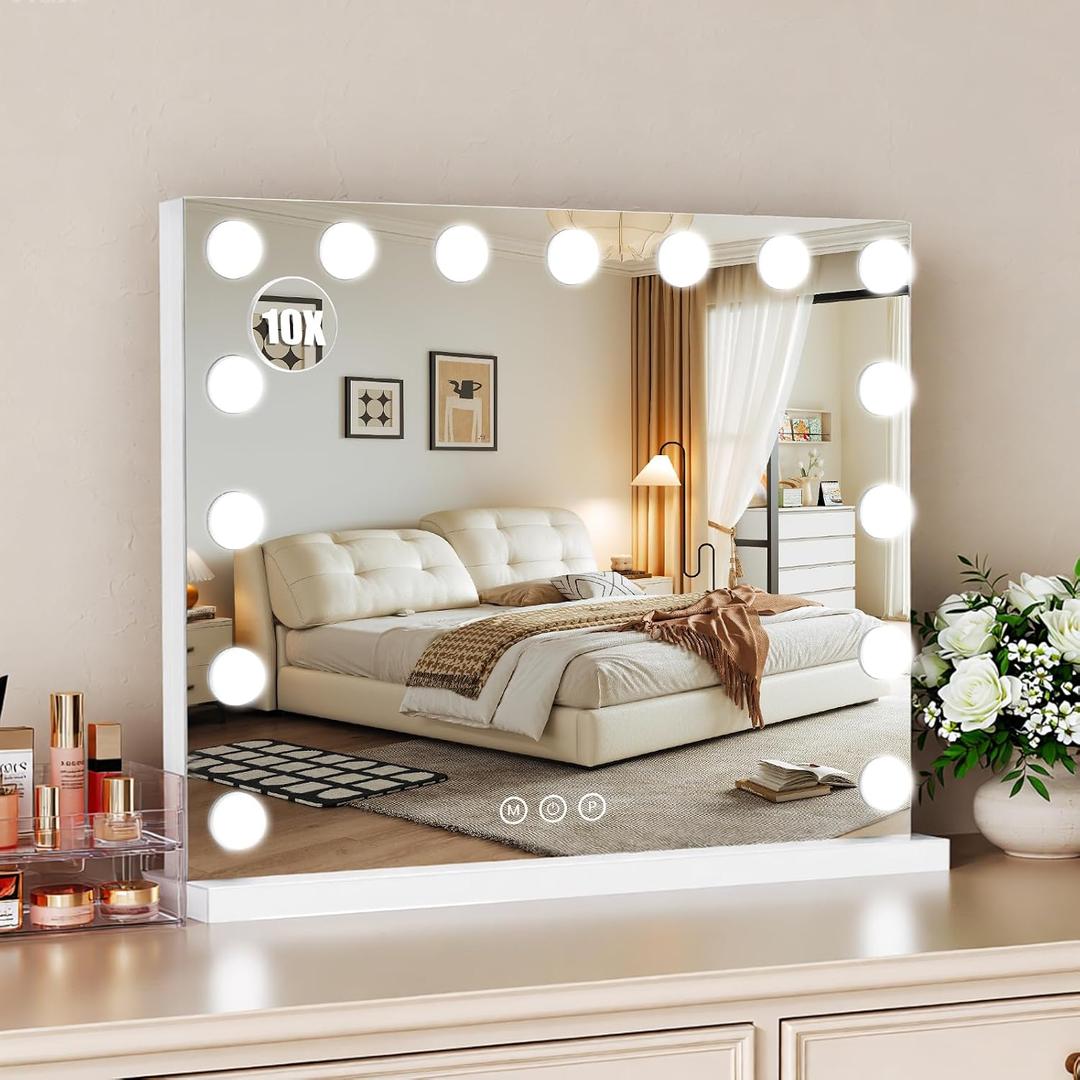 Vanity Mirror with Lights, 23"18" Large Hollywood Makeup Mirror with 15 Dimmable Bulbs, 3-Color Lighting, Dimmable, 10x Magnification, Desk Mirror, Bedroom (White)