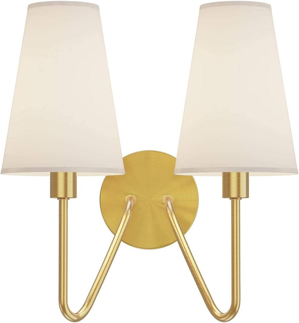 Electro bp;Double Head Classic 2 Lights Wall Sconces Lighting Fixture Polished Gold with Cream White Linen Fabric Lamp Shades E12 80W Hardwired; (Gold/White shade)