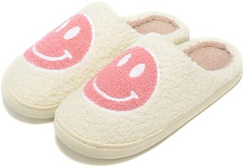 Retro Fuzzy Face Slippers for Women Men, Retro Soft Fluffy Warm Home Non-Slip Couple Style Casual Smile Face Slippers Indoor Outdoor Anti-Skid Warm Cozy Foam Slide Fuzzy Slides with Soft Memory Foam Shoes,44-45,White