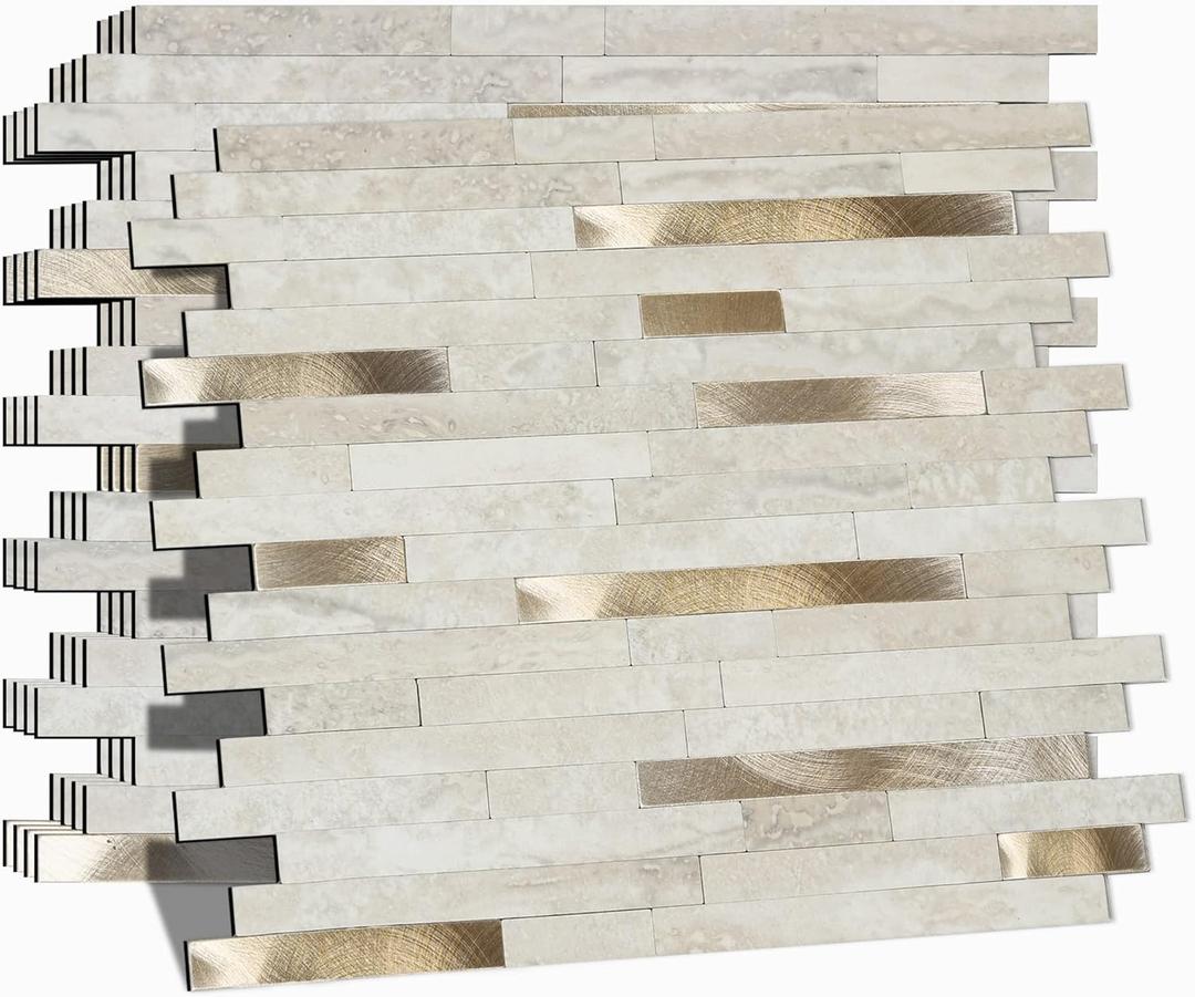 Peel and Stick Backsplash for Kitchen, Self-Adhesive Metal Gold Beige Marble Subway Tiles Decorate Kitchens Bathrooms Laundry Fireplaces, 10-Sheets