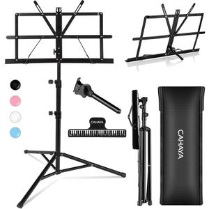 CAHAYA Portable Sheet Music Stand: Dual Use Desktop Book Holder Folding Lightweight Extra Stable Reinforced with Carrying Bag and Clip for Students Musicians Height Adjustable up to 54.3" CMS0204 (Black)